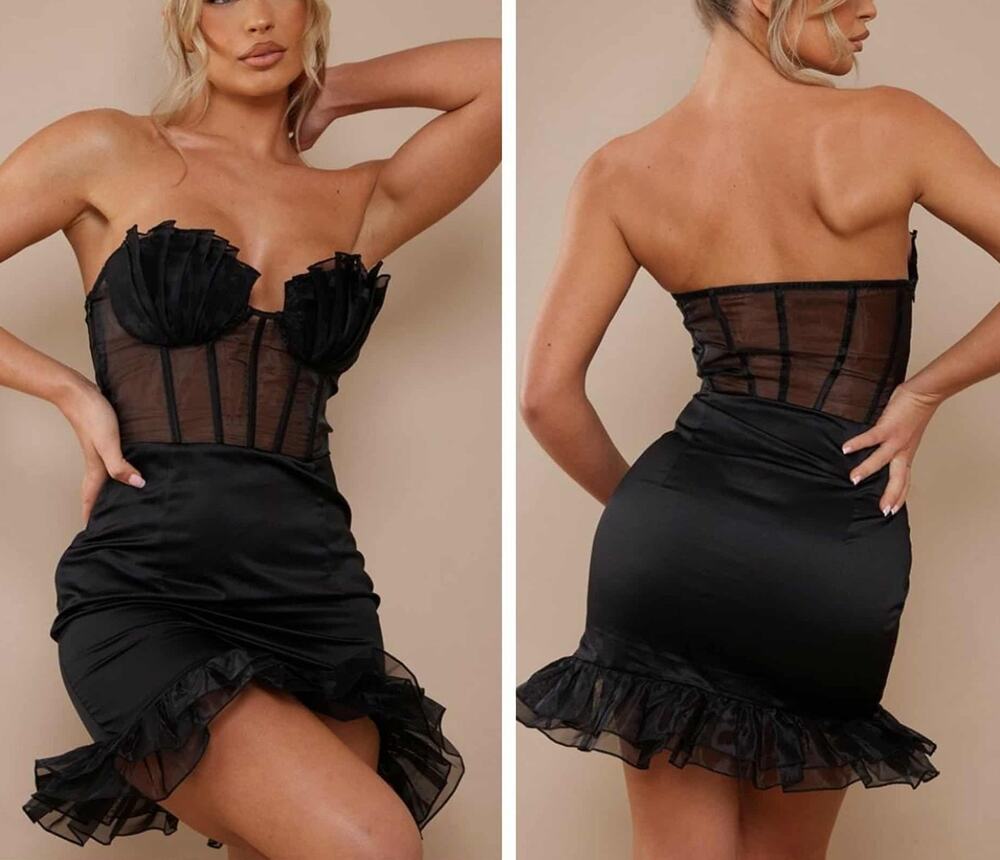PTL PrettyLittleThing Black Shell Frill Cup Corset Bodycon Dress Size 12 NEW